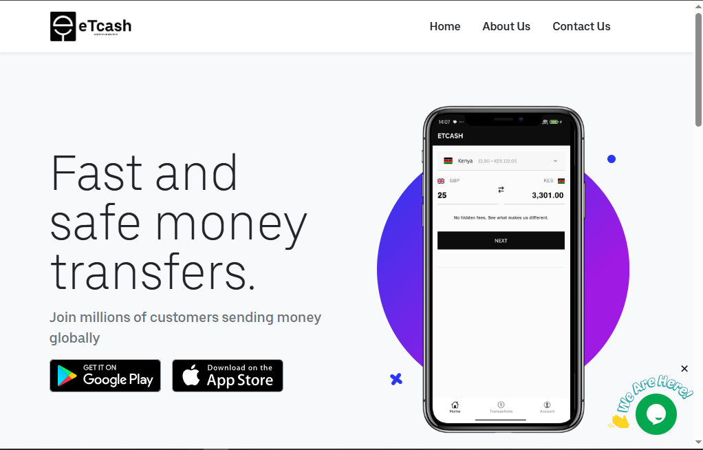 eTcash website featuring etcash mobile Application